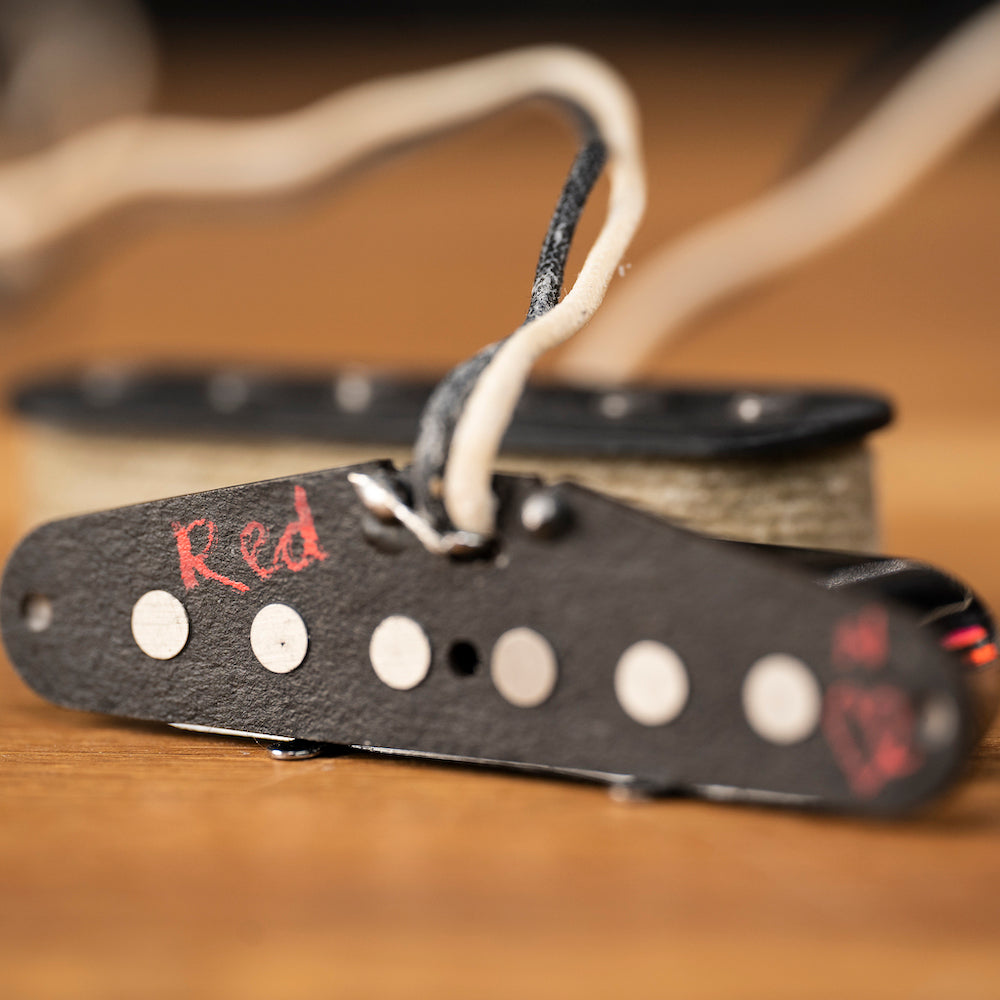 Close up of the pickups created for Dan's Red Telecaster Guitar from That Pedal Show