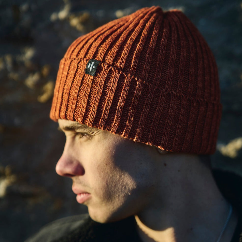 Effected Linen Cotton Watchcap Beanie in Burnt Orange